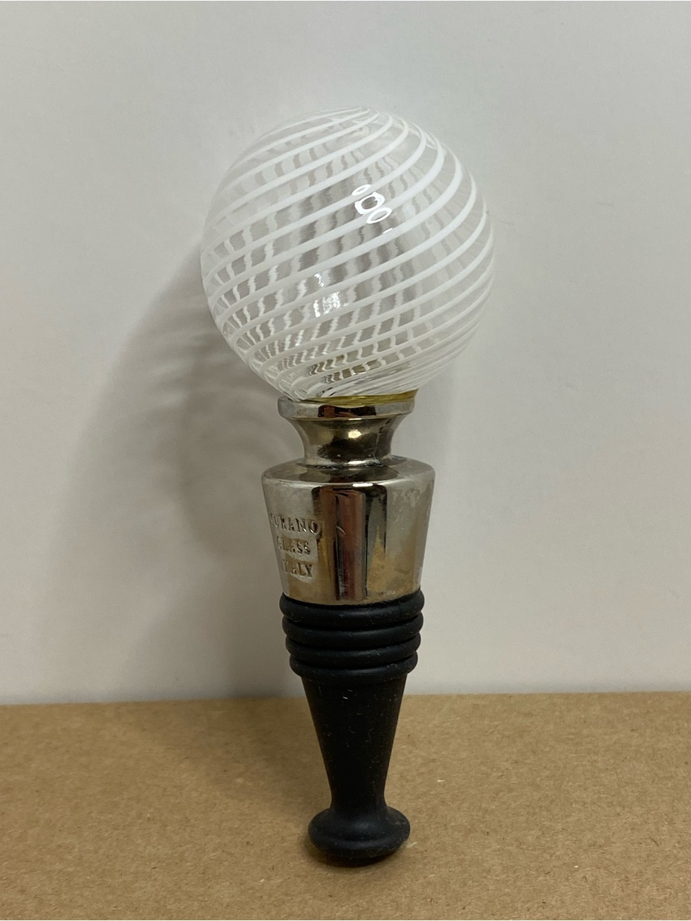 Murano Art Glass Bottle Stopper White Spiral Swirl Made In Italy Wine Decanter